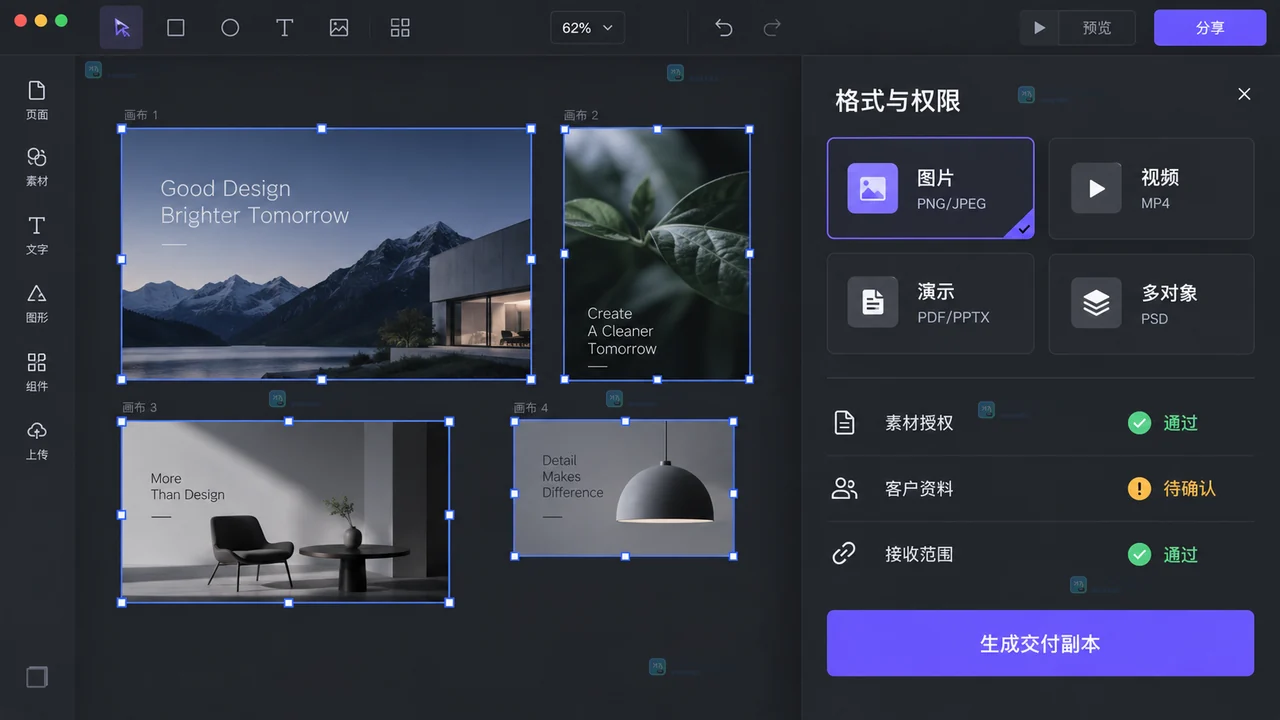 Lovart导出格式与交付权限检查矩阵示意图