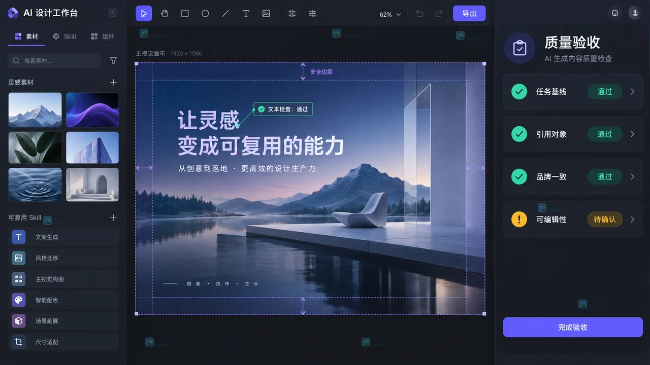Lovart灵感资产与Skill引用结果的质量验收操作示意图