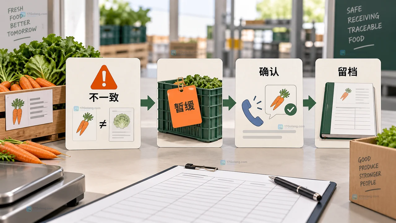 农产品批发采购现场将周转箱批次、检测报告字段和供货凭证逐项对应的示意图