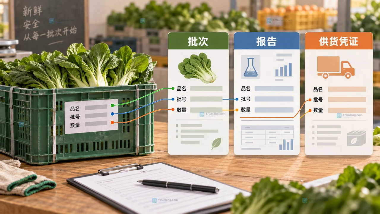 农产品采购发现批次资料不一致后从暂缓收货到供货方确认再到台账留档的关系示意图