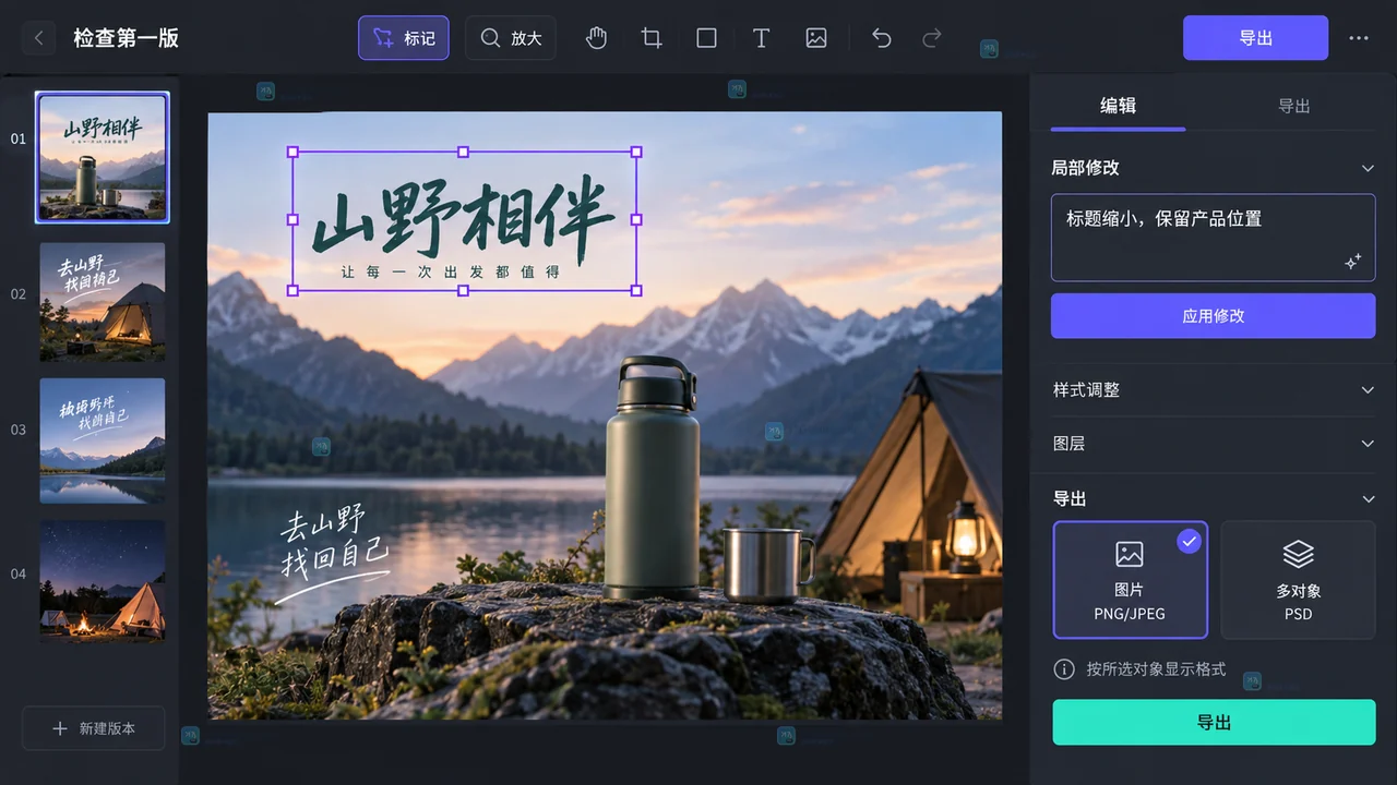 Lovart画布选中对象局部修改并选择导出格式操作示意图