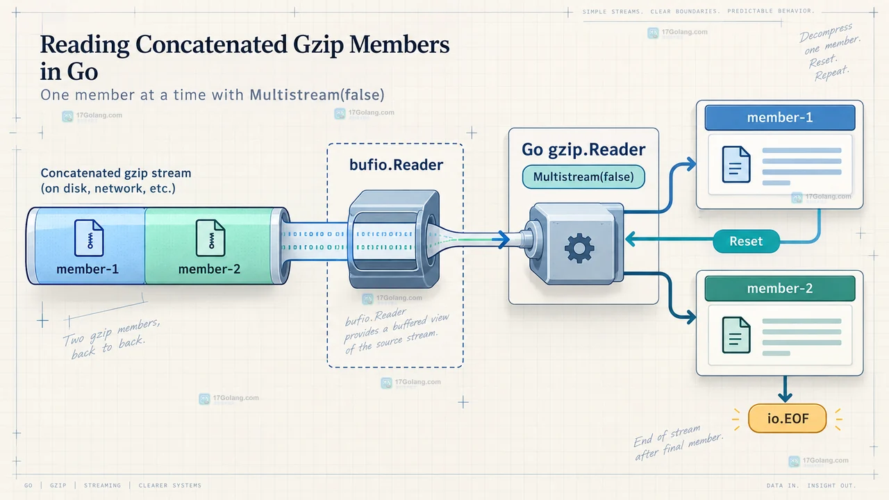 两个串联 gzip 成员通过 bufio.Reader 和 Multistream(false) 逐个输出并在 Reset 后以 io.EOF 结束的操作示意图