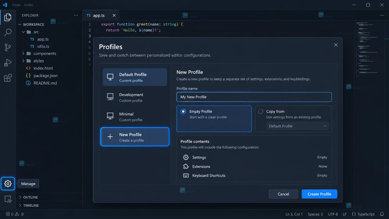 VS Code Settings Profiles 编辑器入口、New Profile 与 Empty Profile 的操作示意图