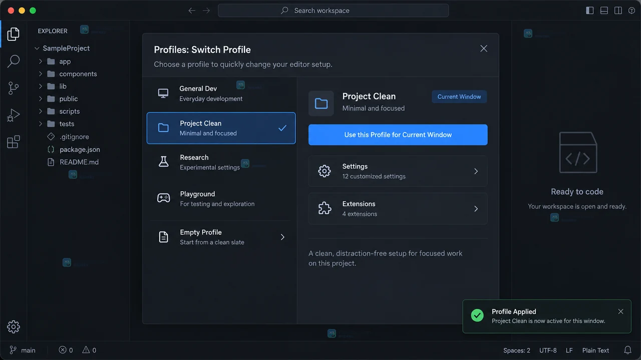 VS Code Settings Profiles 切换当前窗口并显示 Profile Applied 状态的结果示意图