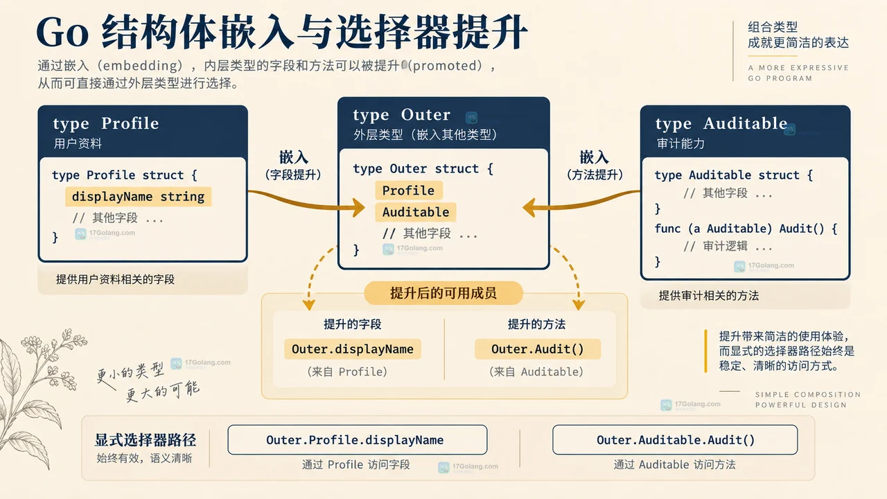 Go embedding 同层字段歧义、外层遮蔽和显式字段路径的诊断关系图
