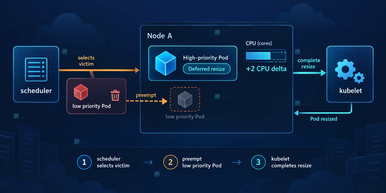 Kubernetes v1.37 原地扩容抢占实验中 ResizeDeferred、Preempted、ResizeStarted 和 ResizeCompleted 事件状态示意图