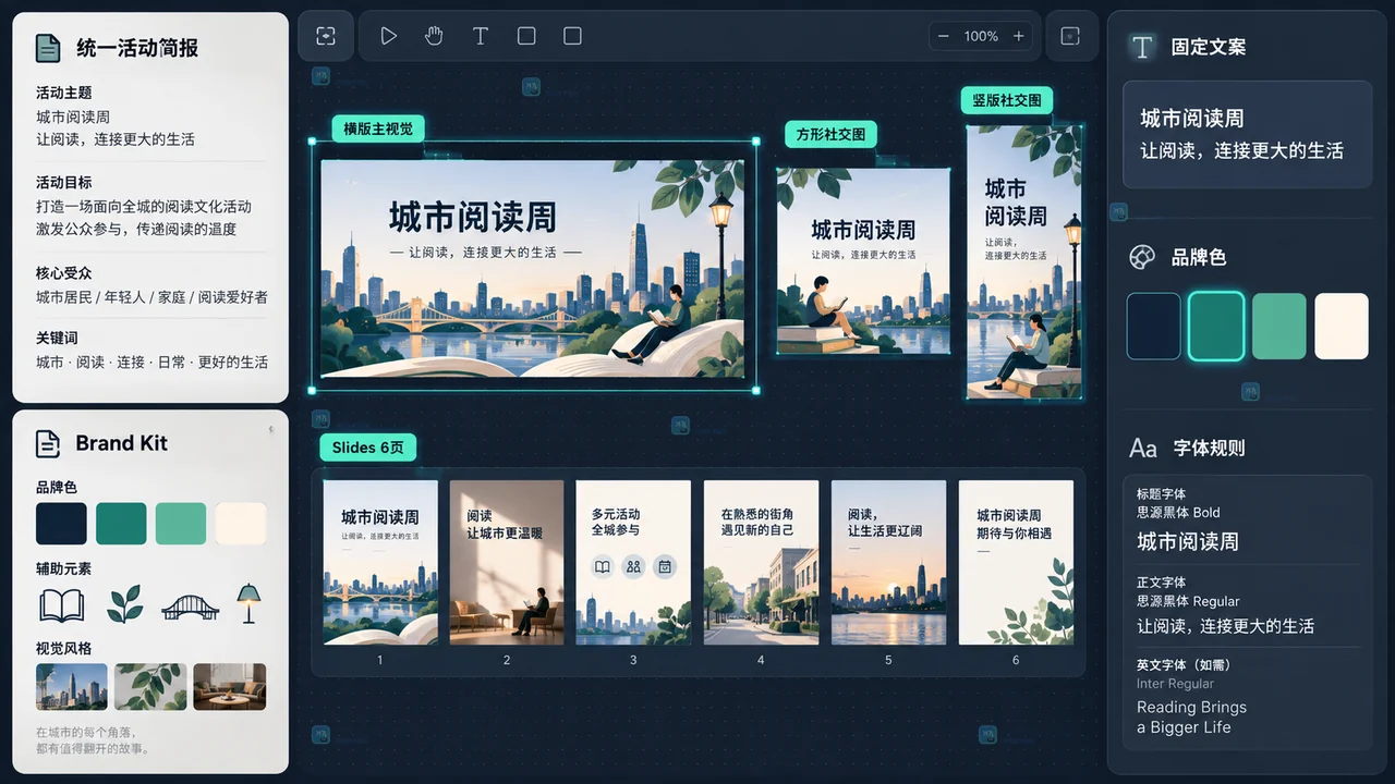 Lovart活动主视觉社交图与Slides同画布组织示意图