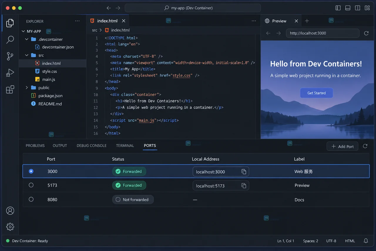VS Code Dev Containers 端口配置操作示意,编辑器打开 devcontainer.json 并显示 3000 端口配置