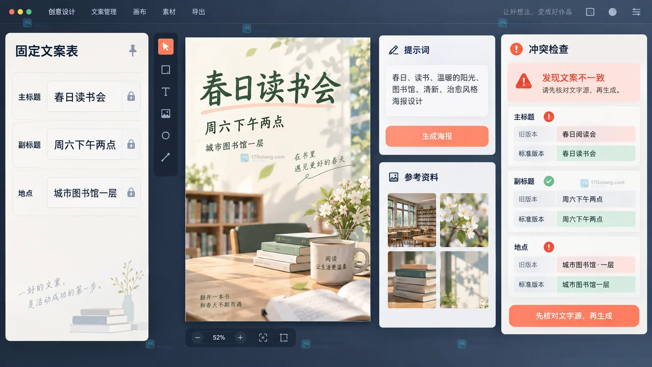 Lovart海报固定文案表与冲突输入排查操作示意图