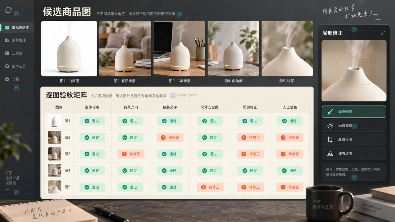 Lovart批量商品图背景一致性与主体保真验收矩阵示意图