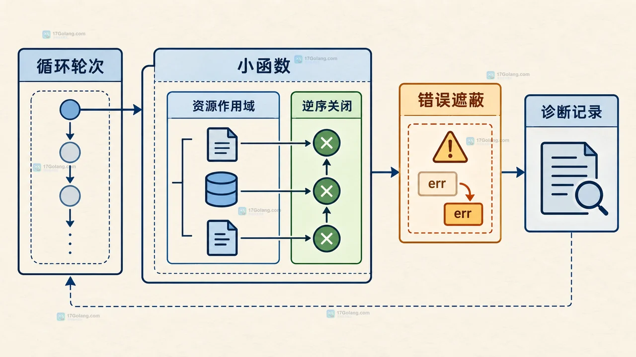 Go deferclose 中打开资源、主体错误、defer、Close error 与返回值之间的定位边界示意图