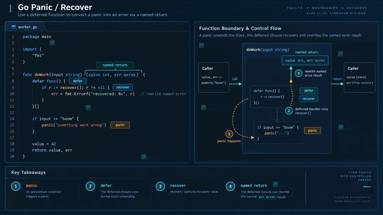 Go panic recover 命名返回值操作示意图，展示 defer、recover 与 err error 的恢复边界