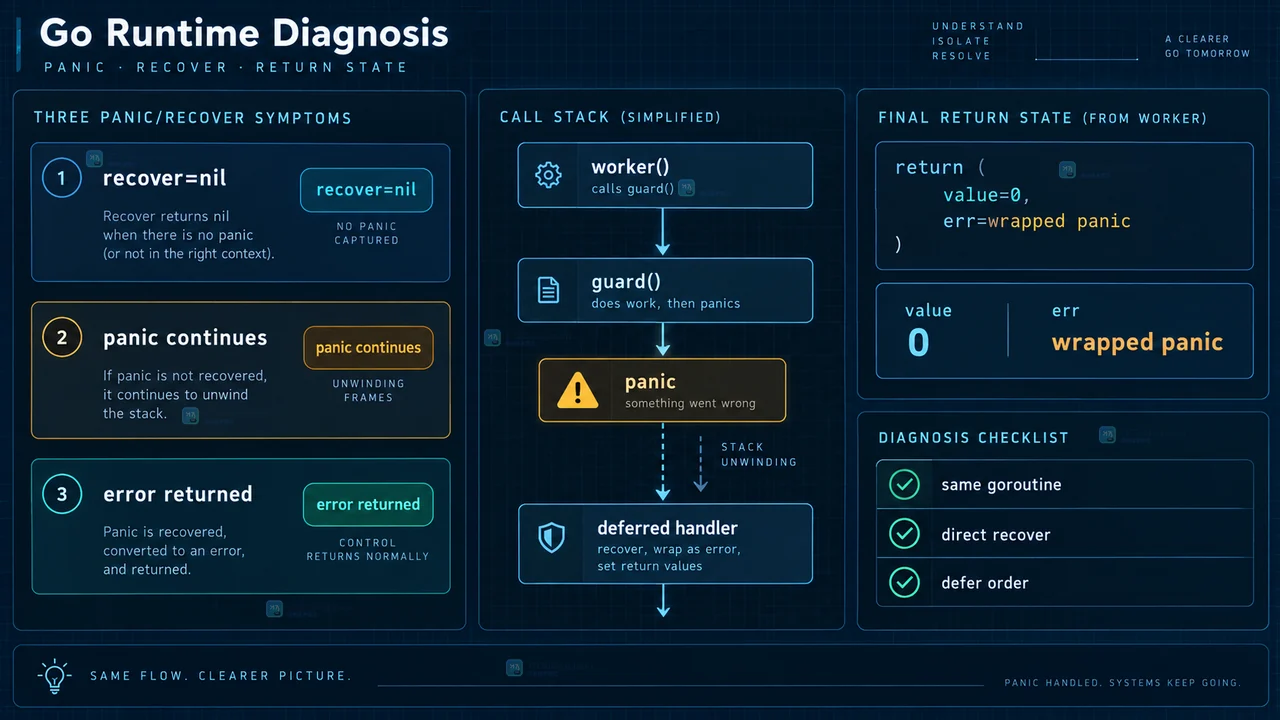 Go panic 恢复状态结果示意图，对照 recover nil、panic 继续和 error 返回三种排查状态