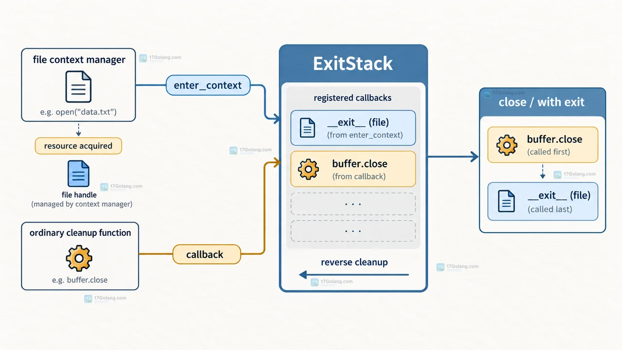 Python ExitStack 资源登记结构示意：enter_context 和 callback 汇入逆序清理栈