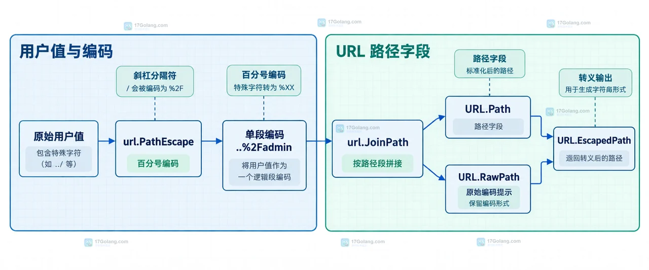 Go url.PathEscape 将用户值编码为单段并与 URL.Path、URL.RawPath、URL.EscapedPath关联的静态关系图