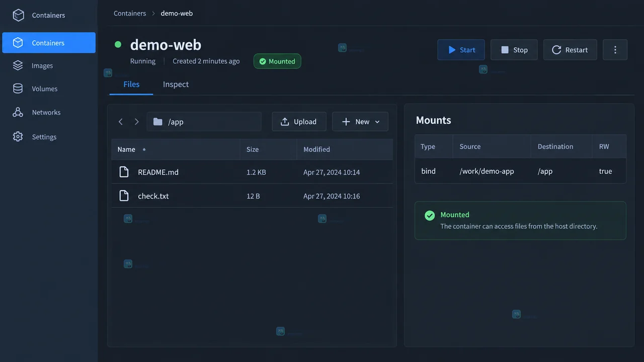 Docker Desktop File sharing 设置中加入项目目录并准备重启的操作界面示意图
