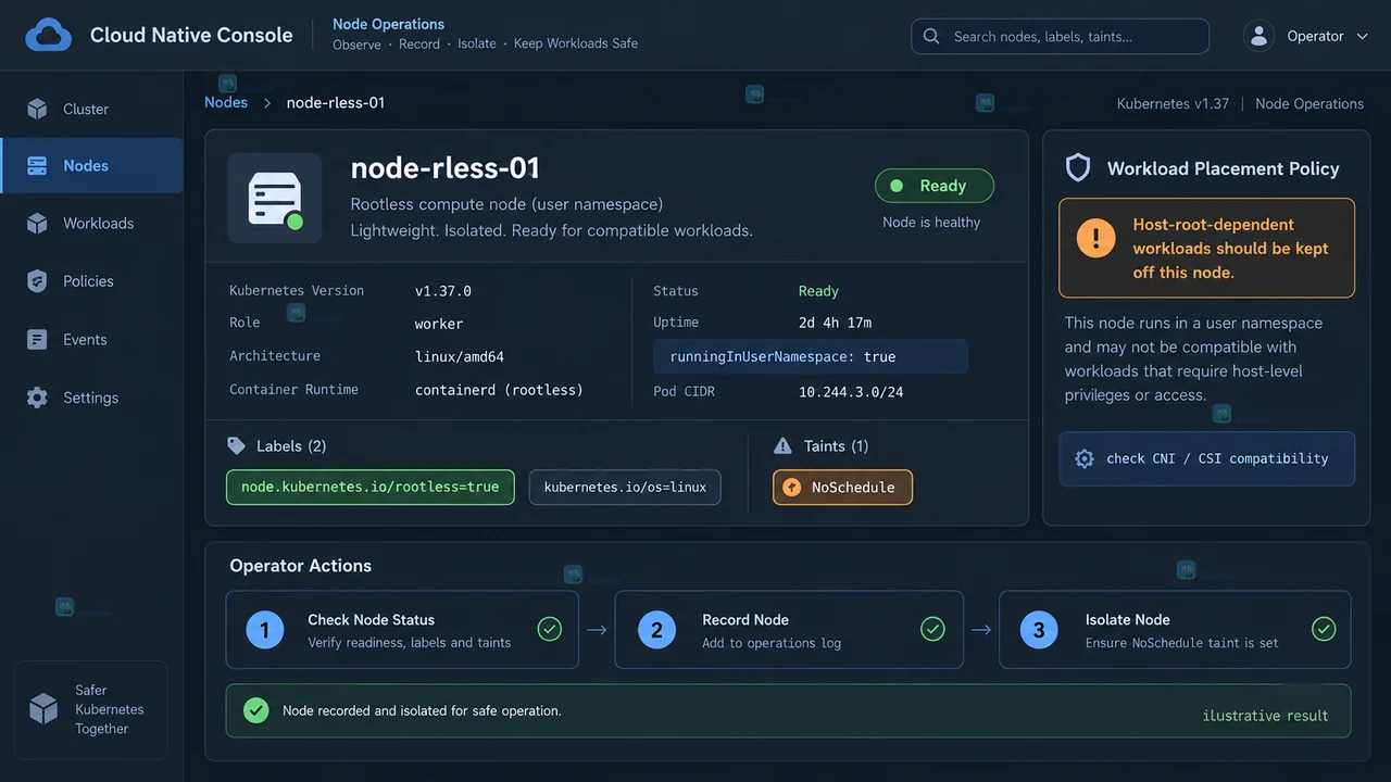Kubernetes v1.37 kubectl 检查 runningInUserNamespace 节点字段的操作示意图