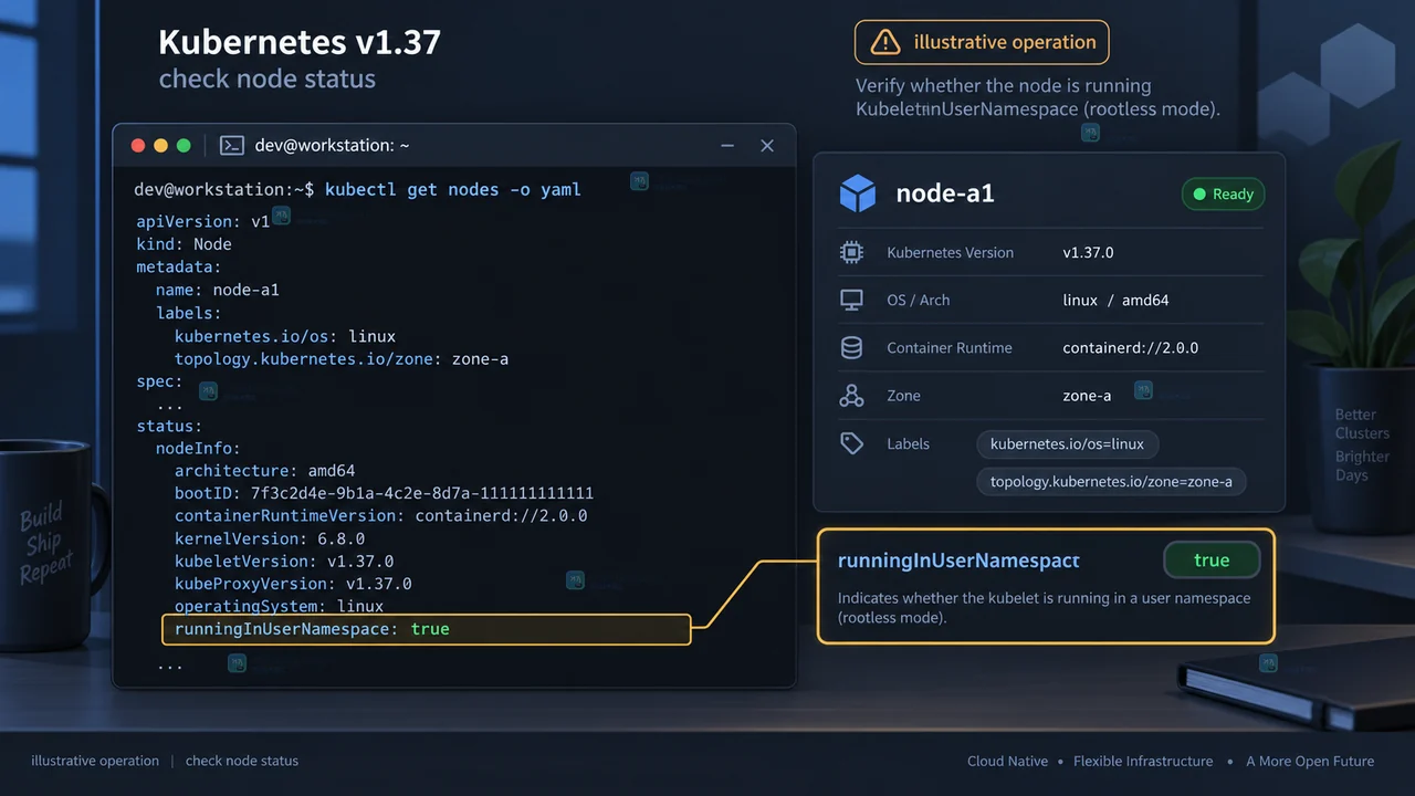 Kubernetes rootless 节点显示 runningInUserNamespace true 及标签污点的结果示意图