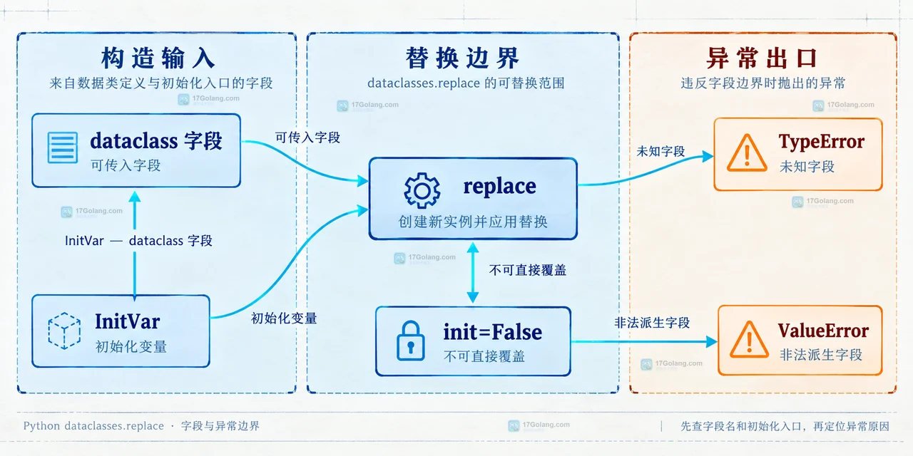 Python dataclasses.replace 中原对象、字段输入、构造函数与派生字段的静态关系示意图