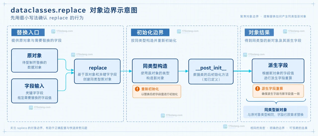 Python dataclasses.replace 的字段、InitVar、init=False 与异常边界关系示意图