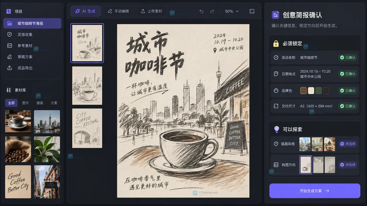 Lovart类设计工具中的海报创意简报确认操作示意图