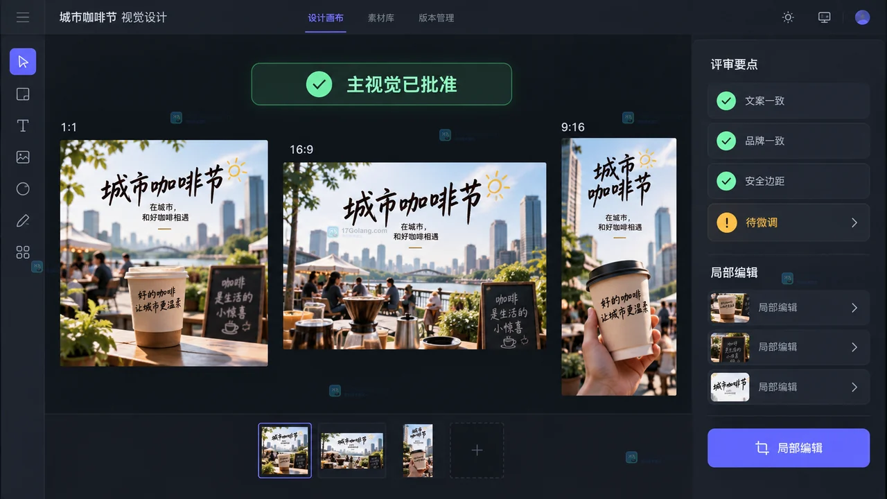 Lovart类设计画布中主视觉批准后扩展多尺寸版本的结果示意图