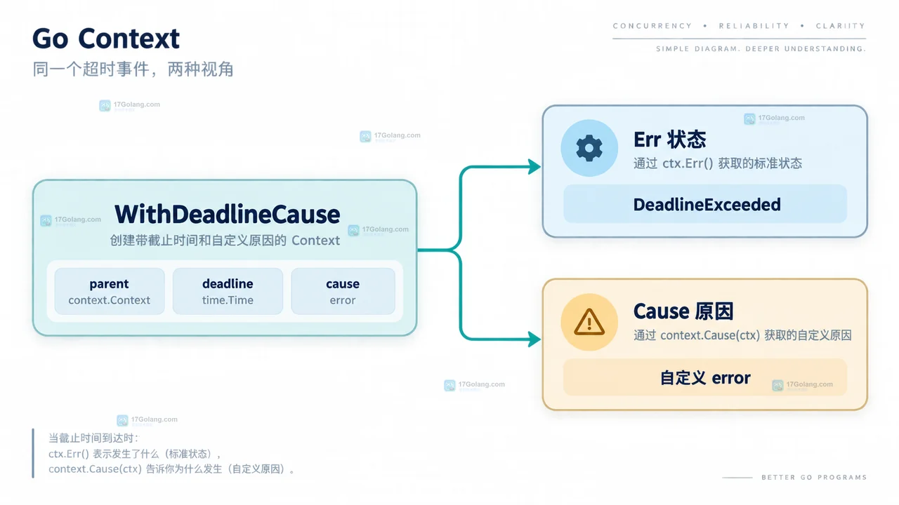 Go context 父子取消竞争中 deadline、CancelFunc 与 Cause 读取边界示意图