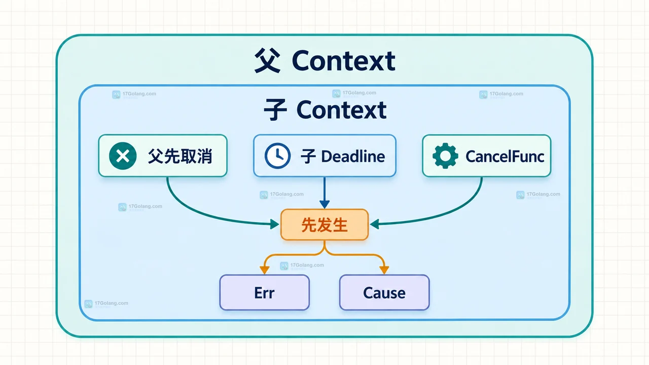 Go context.WithDeadlineCause 中 Err 状态与 Cause 具体原因的对应关系示意图