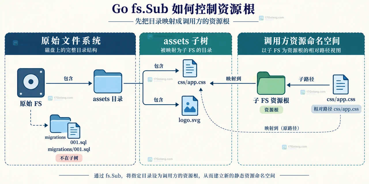 Go fs.Sub 中 FS、SubFS、ReadFileFS 与子路径错误视角之间的静态能力边界示意图