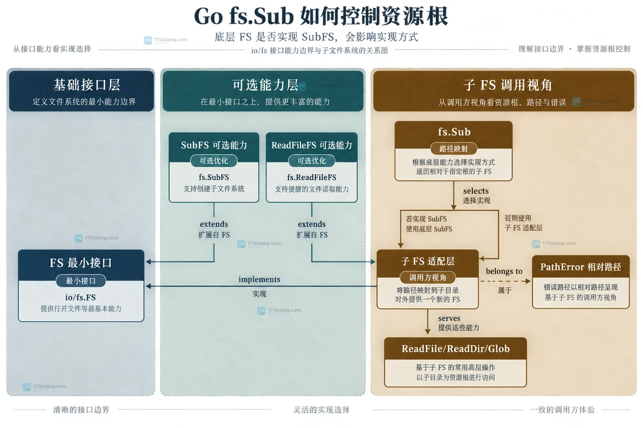 Go fs.Sub 将原始文件系统中的 assets 目录映射为子 FS 资源根的静态关系示意图