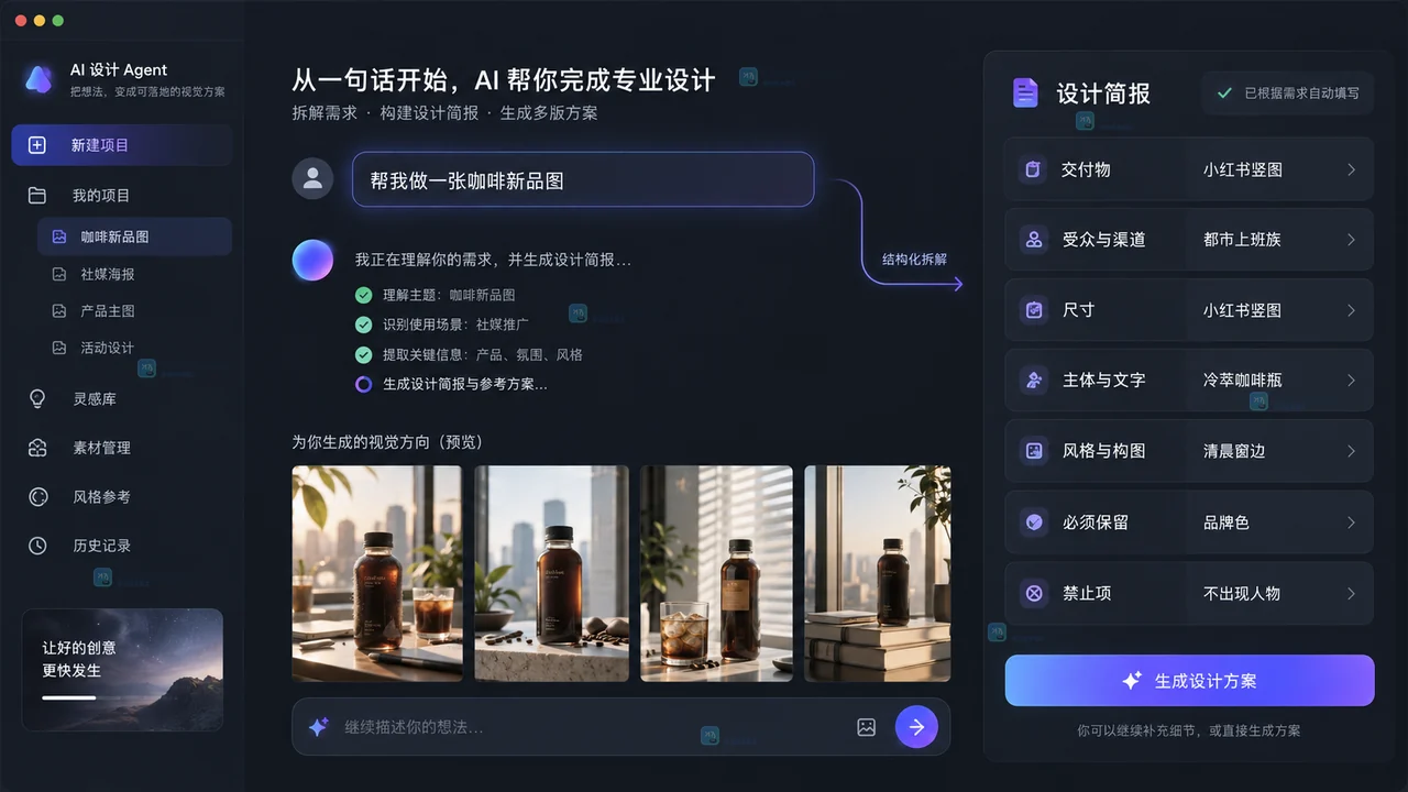 Lovart类AI设计工具把一句做图需求拆成七项简报的操作示意图