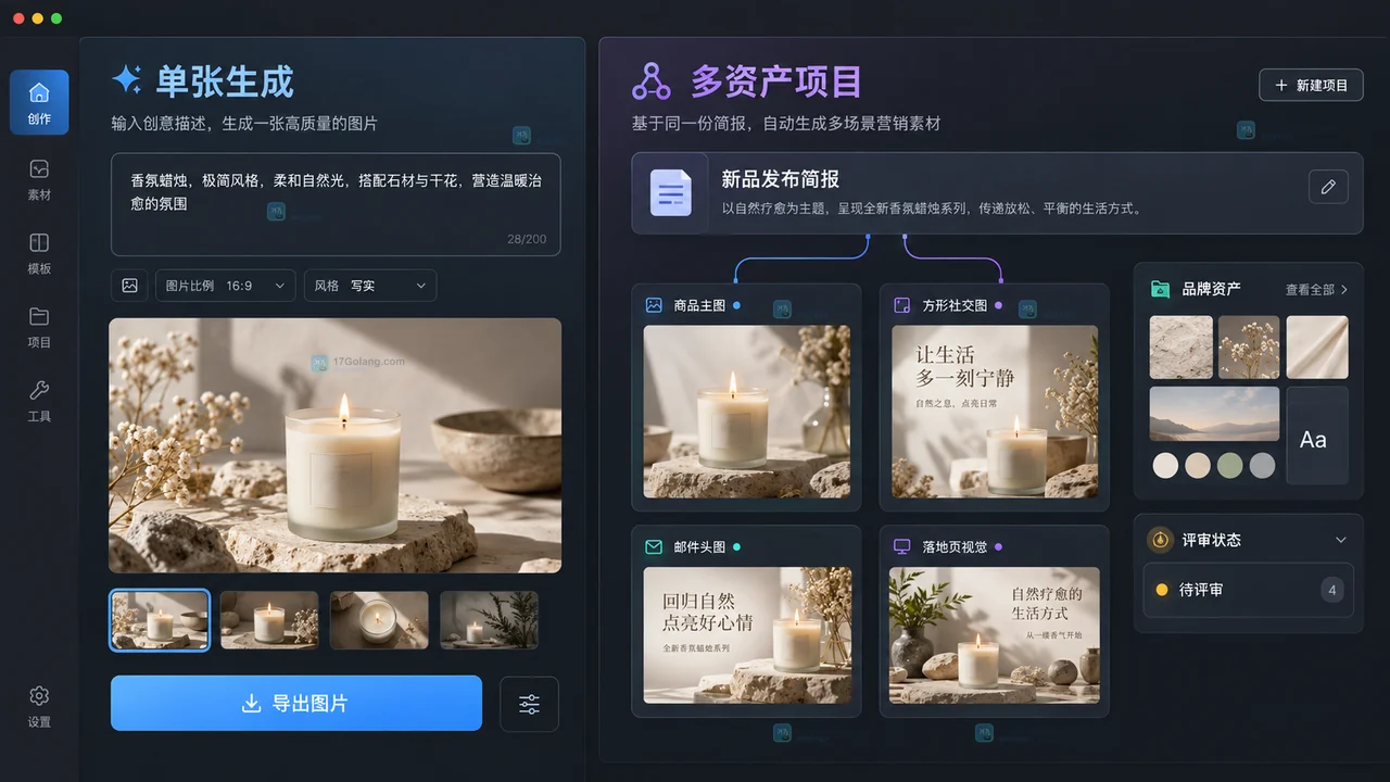 单张AI绘图任务与Lovart类多资产项目画布的工作流对照示意图