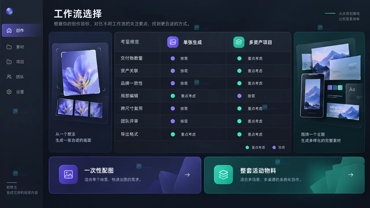 根据交付物数量品牌一致性和跨尺寸需求选择AI做图工具的矩阵示意图