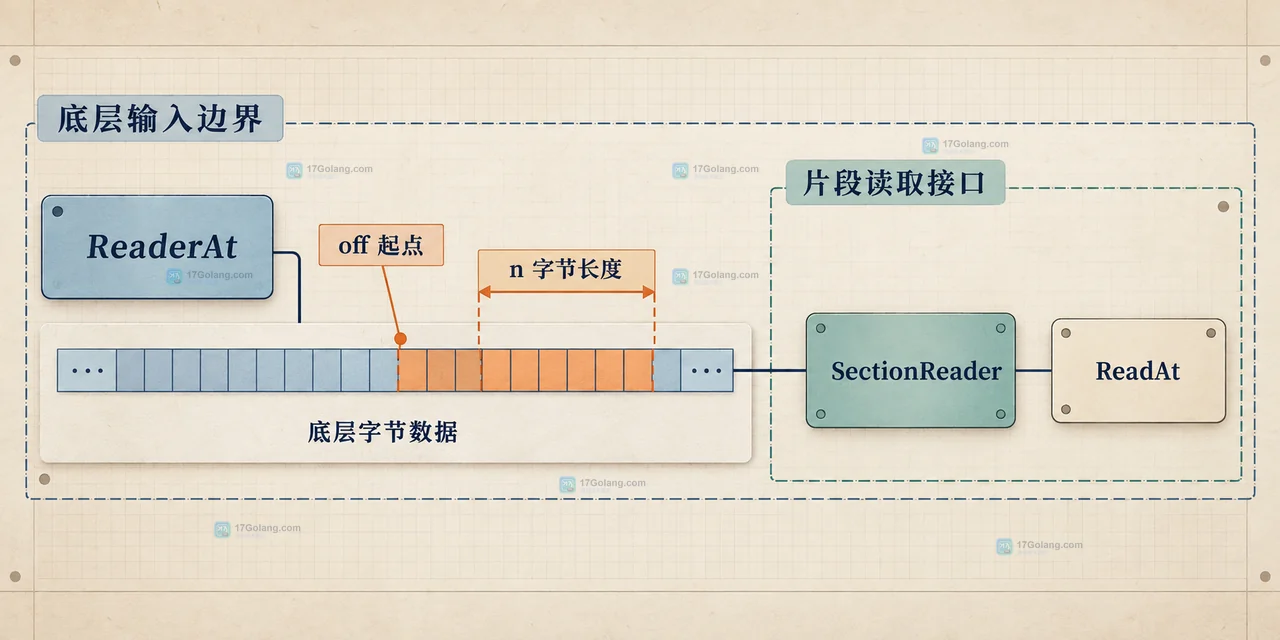 Go io.SectionReader 的片段内偏移、ReadAt、Seek、Size 和 EOF 边界关系示意图