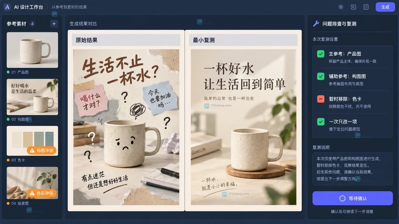 参考图冲突排查面板与最小化复测结果对比示意图