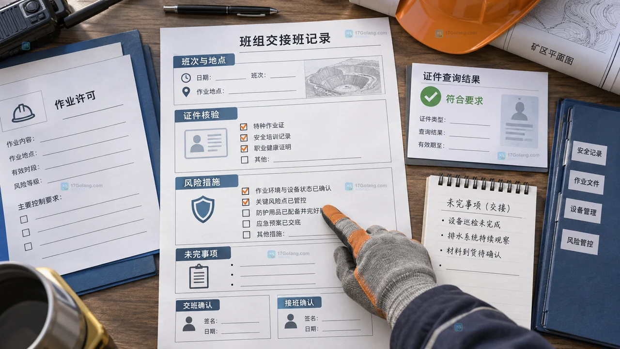 矿山承包商换班交接示意图：人员资质、作业任务、现场风险和未完措施连接到同一班次交接记录