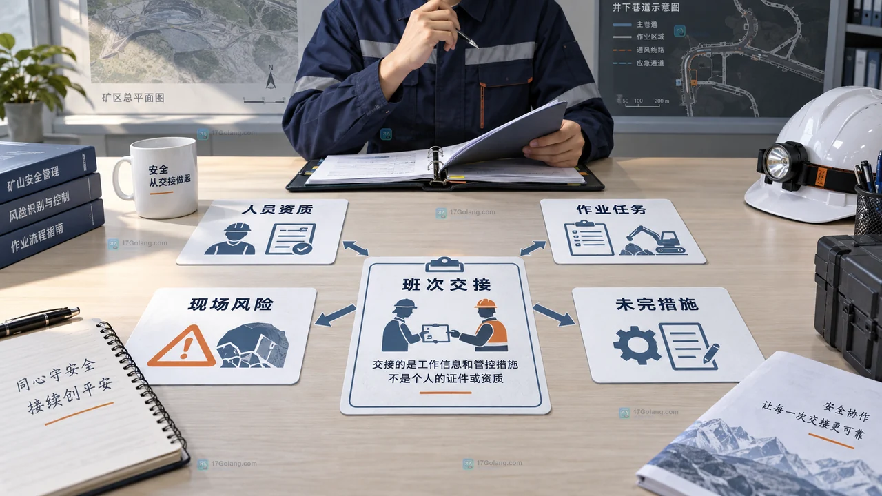 矿山换班交接记录复核示意图：班次地点、证件核验、风险措施、未完事项和双方确认集中留档