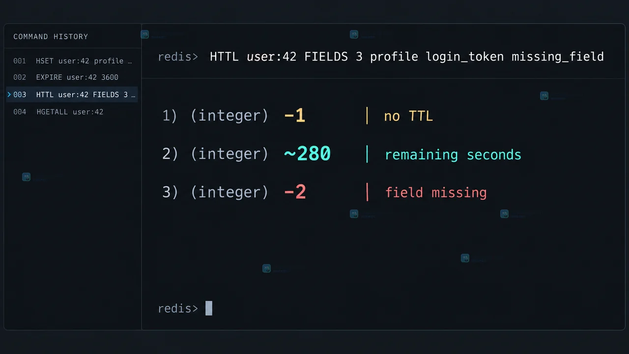 Redis 7.4 字段过期操作示意图，终端显示 redis_version 与 HEXPIRE 命令检查