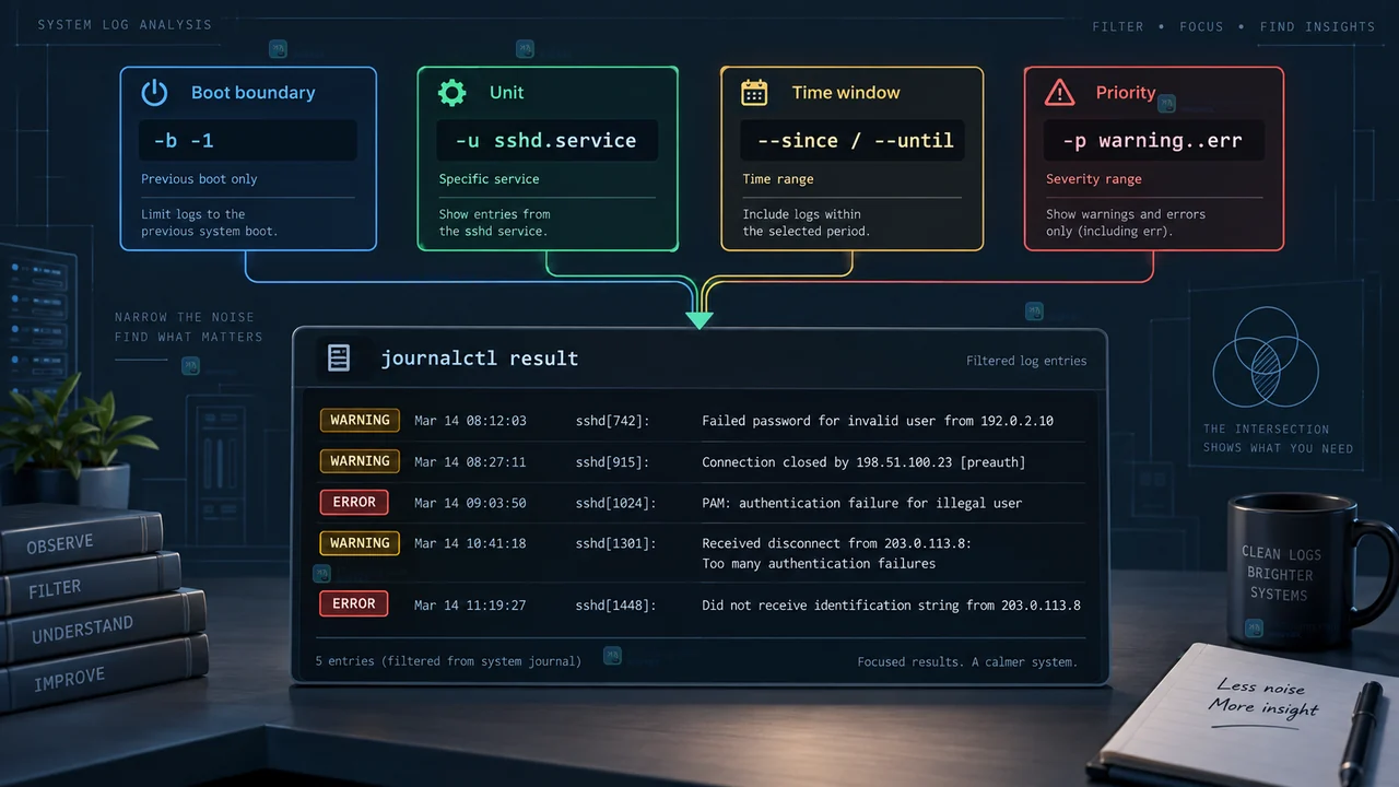 journalctl 启动筛选操作示意图，展示 list-boots、Boot ID 与上一轮启动边界