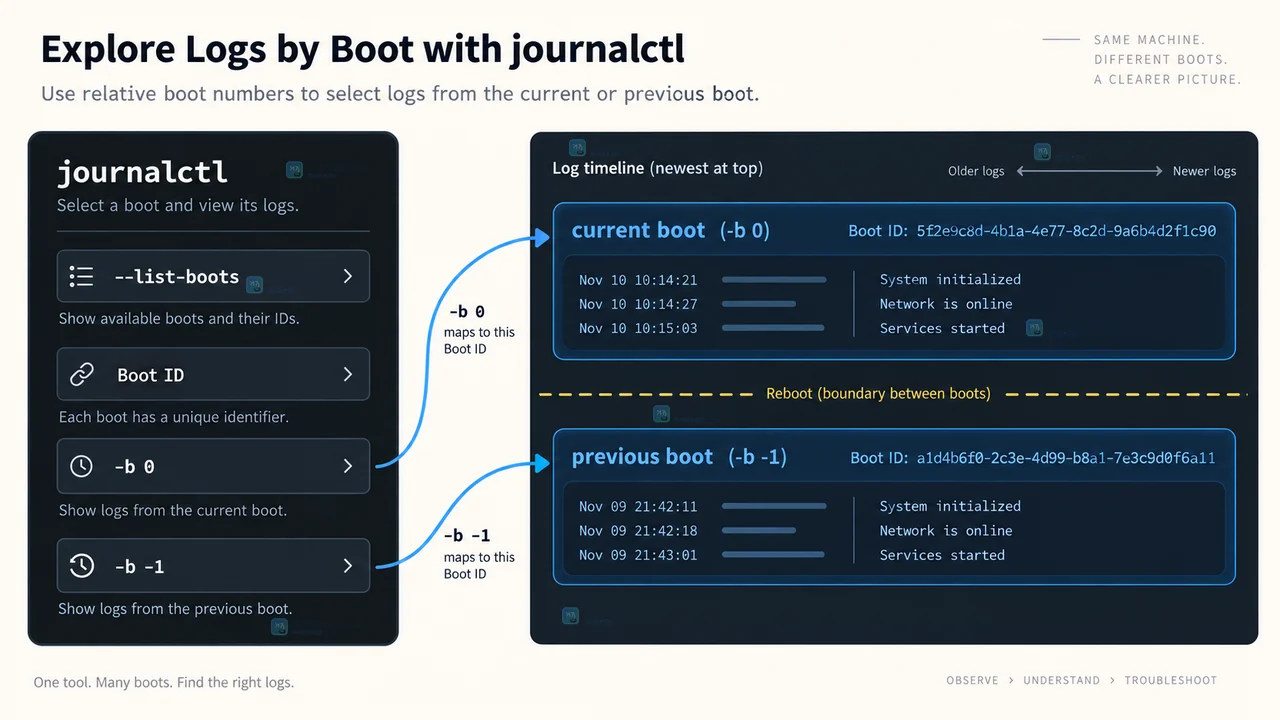 journalctl 结果筛选示意图，展示 Boot ID、服务单元、时间窗口和优先级交集