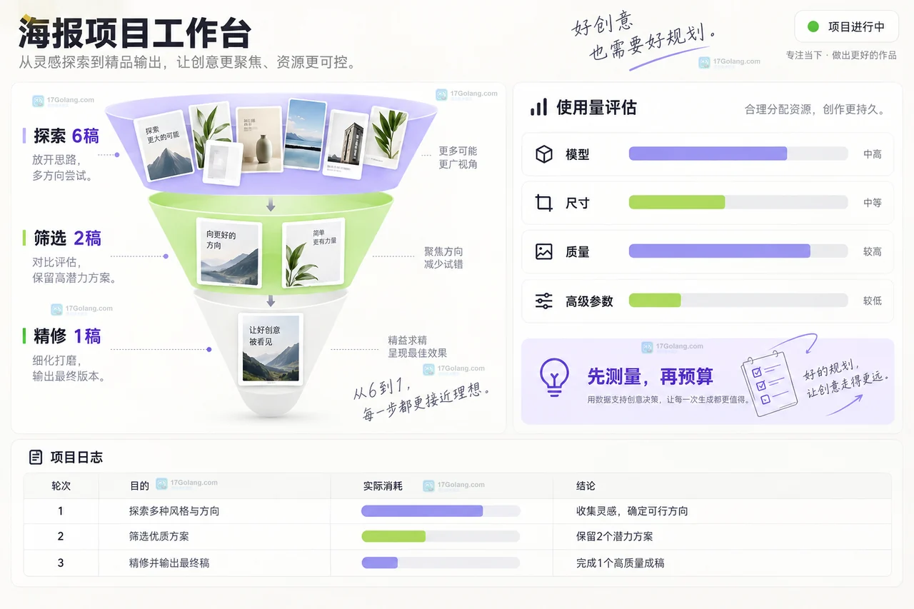 展示从草图、筛选到精修的额度漏斗与用量记录面板