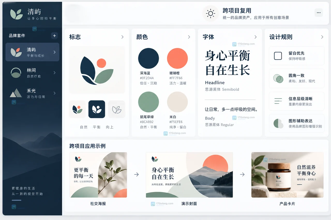 展示Logo、色板、字体和设计规则作为可复用品牌资产集中管理
