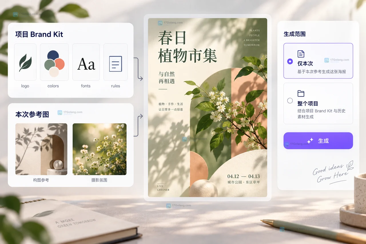 展示项目级Brand Kit与单次构图参考图共同作用于一张社交海报