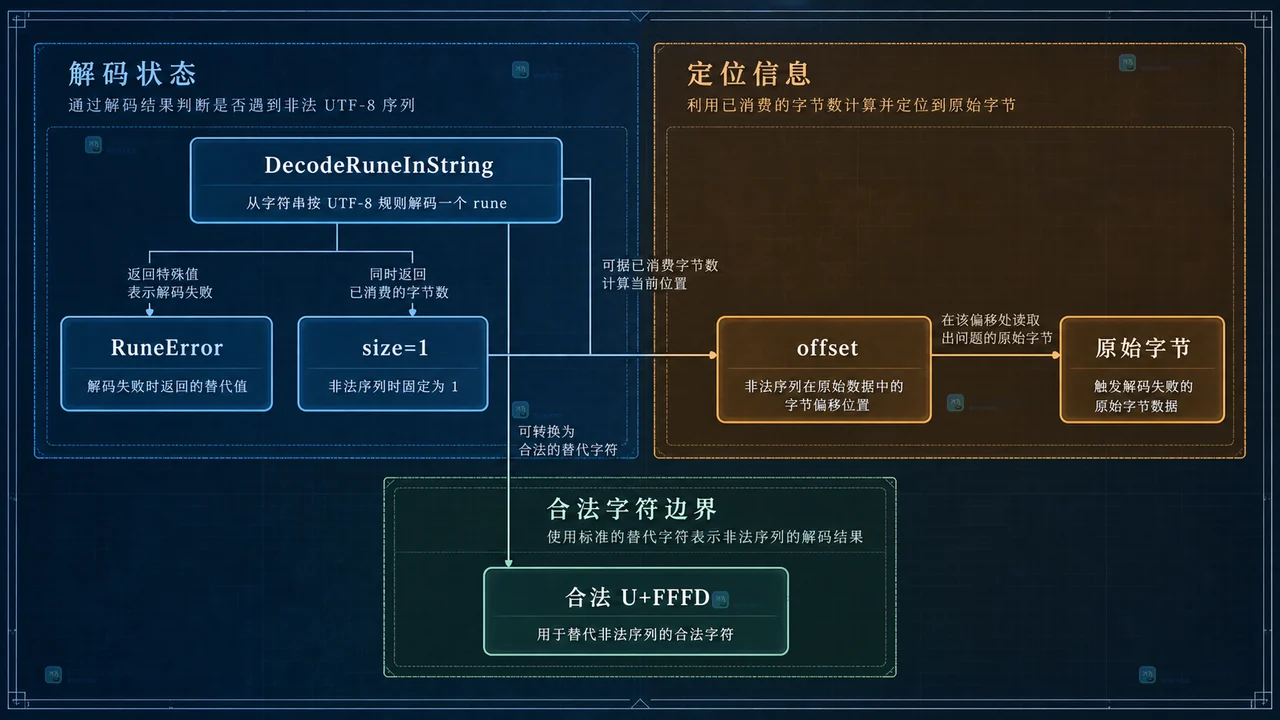 Go DecodeRuneInString RuneError size=1 与字节偏移非法序列的静态关系示意图