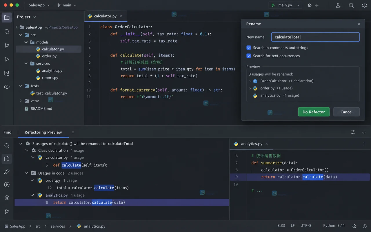 PyCharm Code Editing 设置页中的 Refactorings 模态对话框选项操作示意图
