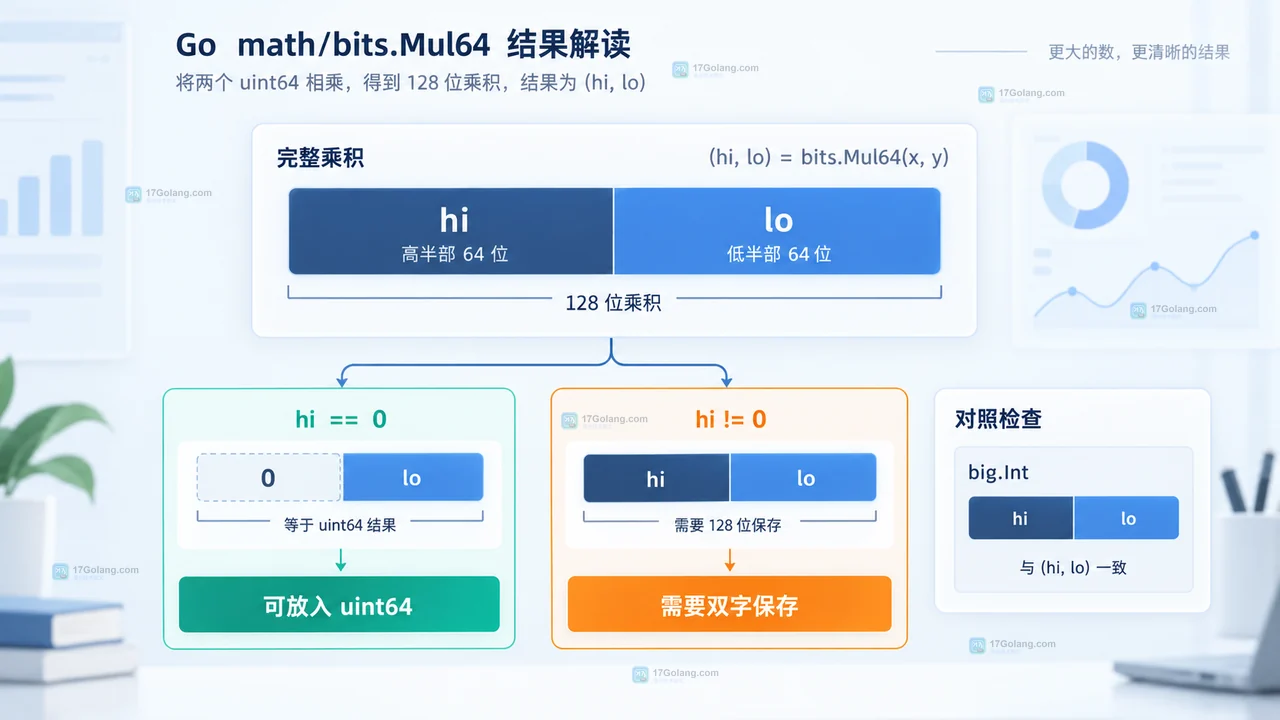 Go math/bits Mul64 接收两个 uint64 并拆出 hi 高半部和 lo 低半部的操作示意图