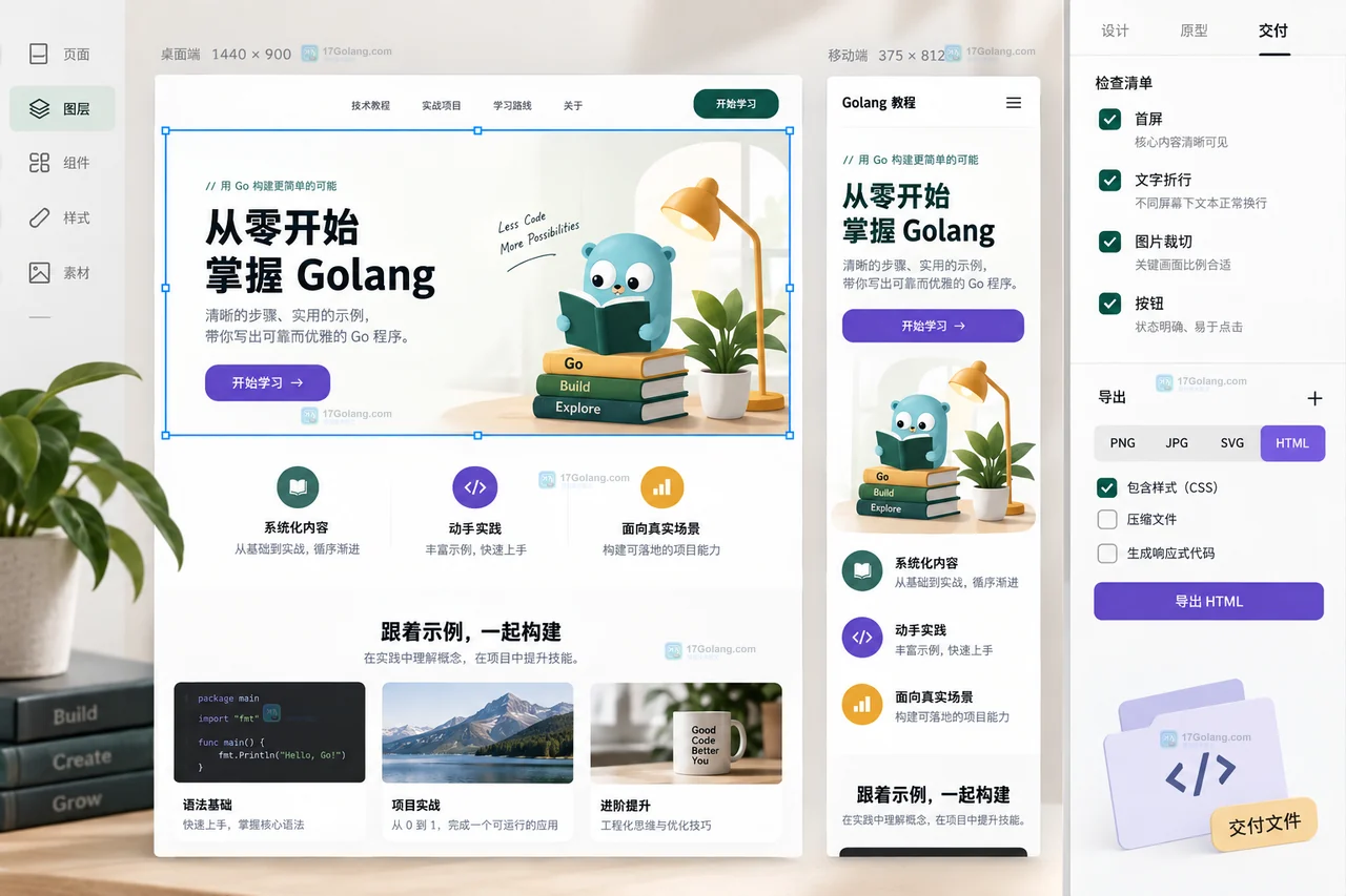 检查桌面与移动布局并导出HTML的操作界面示意
