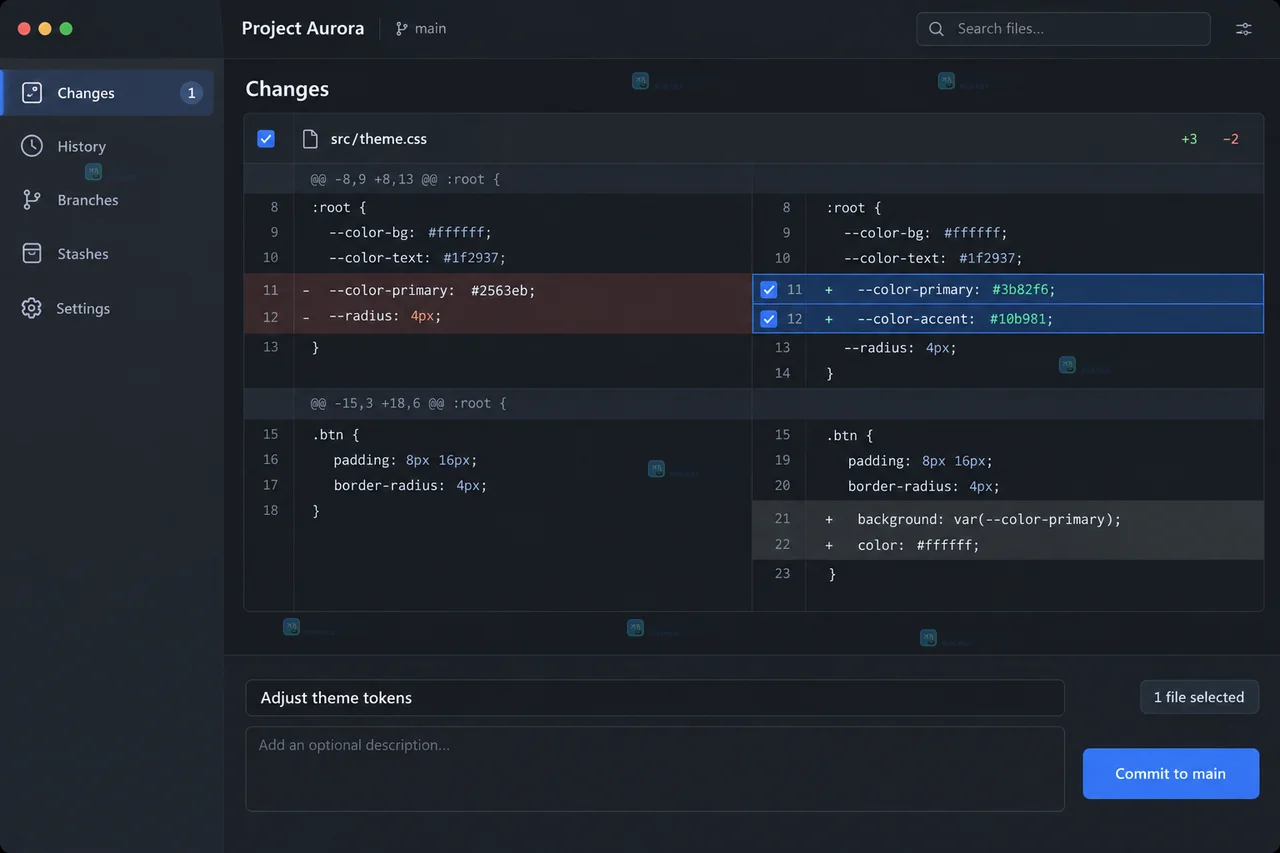 GitHub Desktop Changes 面板显示多个改动文件和可选择的复选框操作示意图