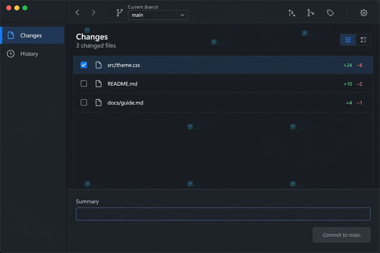 GitHub Desktop Diff 视图中部分代码行保留蓝色选中状态并准备提交的结果示意图