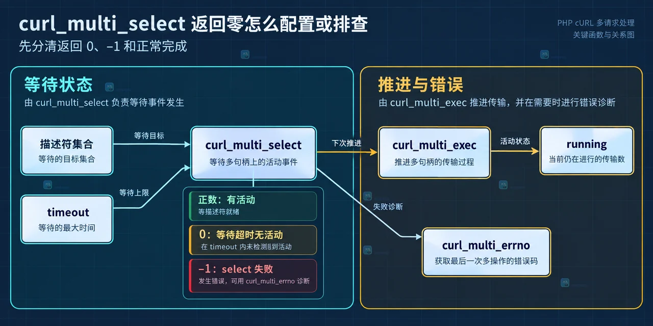 PHP 多句柄循环中 exec、select、完成消息和句柄回收的静态边界图